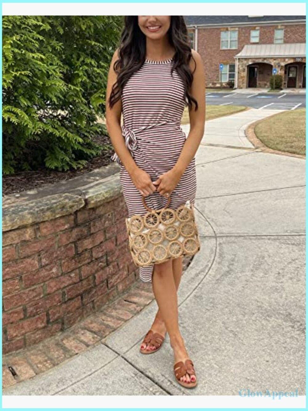 Sleeveless Striped Ruched Bodycon Midi Dress Tie Waist Summer Casual - Picture 3 of 7